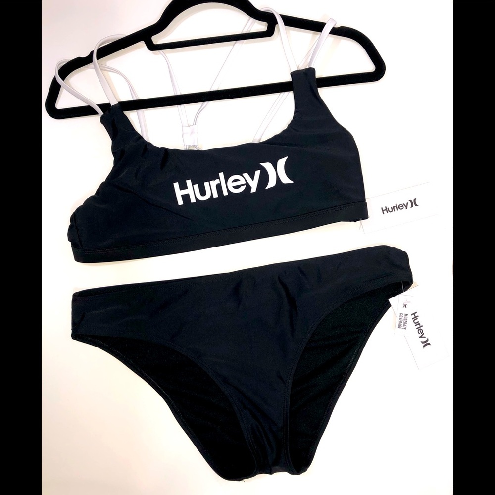 NWT Hurley XL black/white LOGO 2 piece bikini swim set